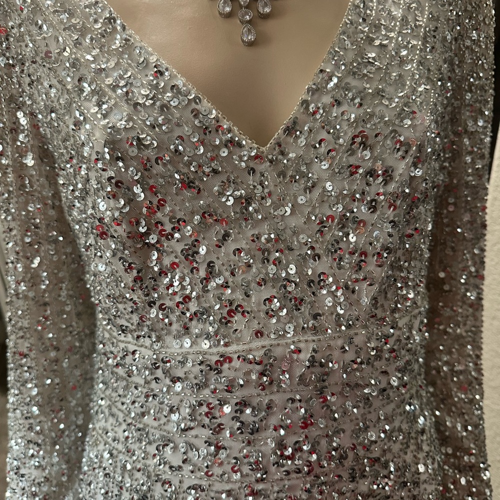 ADRIANNA PAPEL HAND-BEADED COCKTAIL DRESS IN SILVER